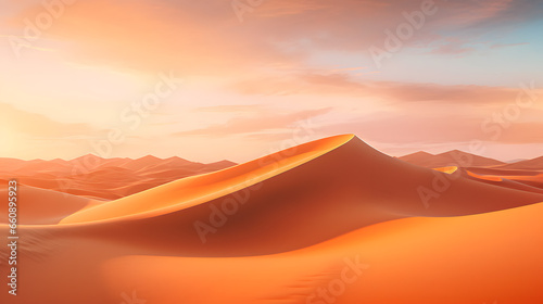 Capture the breathtaking beauty of a vast desert landscape as the setting sun casts a warm  golden hue over the rolling sand dunes. Showcase the serenity and solitude of desert life.