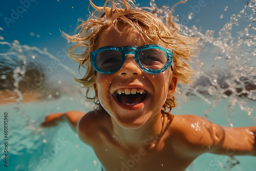Portrait of kid girl in sunglasses splashing around in an outdoor pool.
