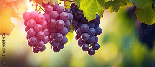 Vibrant grape clusters on the vine With copyspace for text