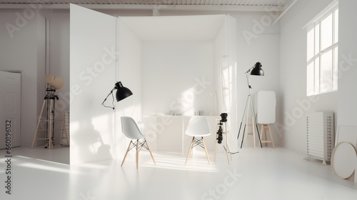 Cozy and minimalist office style photographer studio with flash 