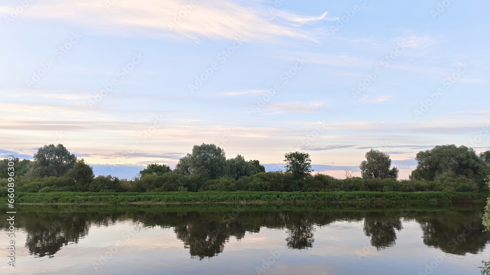 On a quiet summer evening, after sunset, the sky with feathery clouds over the river turns pink and is reflected in the calm water. Shrubs and trees grow on the far grassy bank