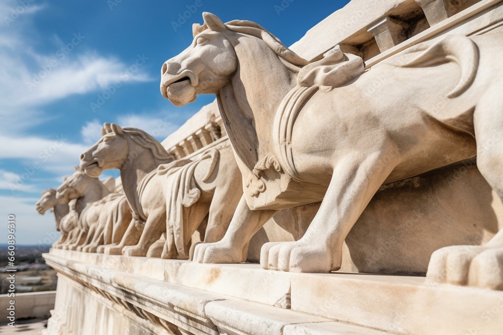 Detail of Parthenon pediment with horses of the sun god, an ancient Greek temple on Acropolis. Cultural travel in Greece. Generative AI - obrazy, fototapety, plakaty 