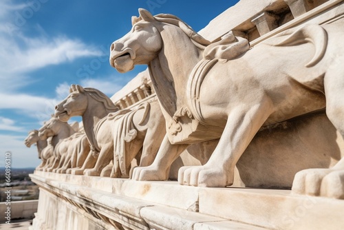Detail of Parthenon pediment with horses of the sun god, an ancient Greek temple on Acropolis. Cultural travel in Greece. Generative AI