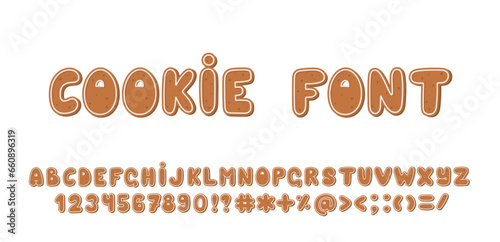 Gingerbread cookies alphabet, numbers, and symbols. Set of Christmas letters. Vector.