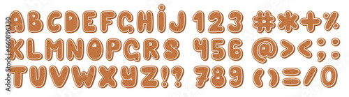 Gingerbread cookies alphabet, numbers, and symbols. Set of Christmas letters. Vector.