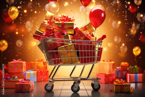 Embrace the Christmas shopping experience in a supermarket adorned with gift boxes and a filled cart, where the spirit of giving and holiday celebrations flourish. photo