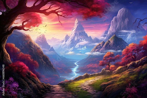 colorful spring mountain landscape in fantasy world