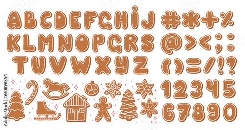 Gingerbread cookies alphabet, numbers, and symbols. Set of Christmas letters. Vector.