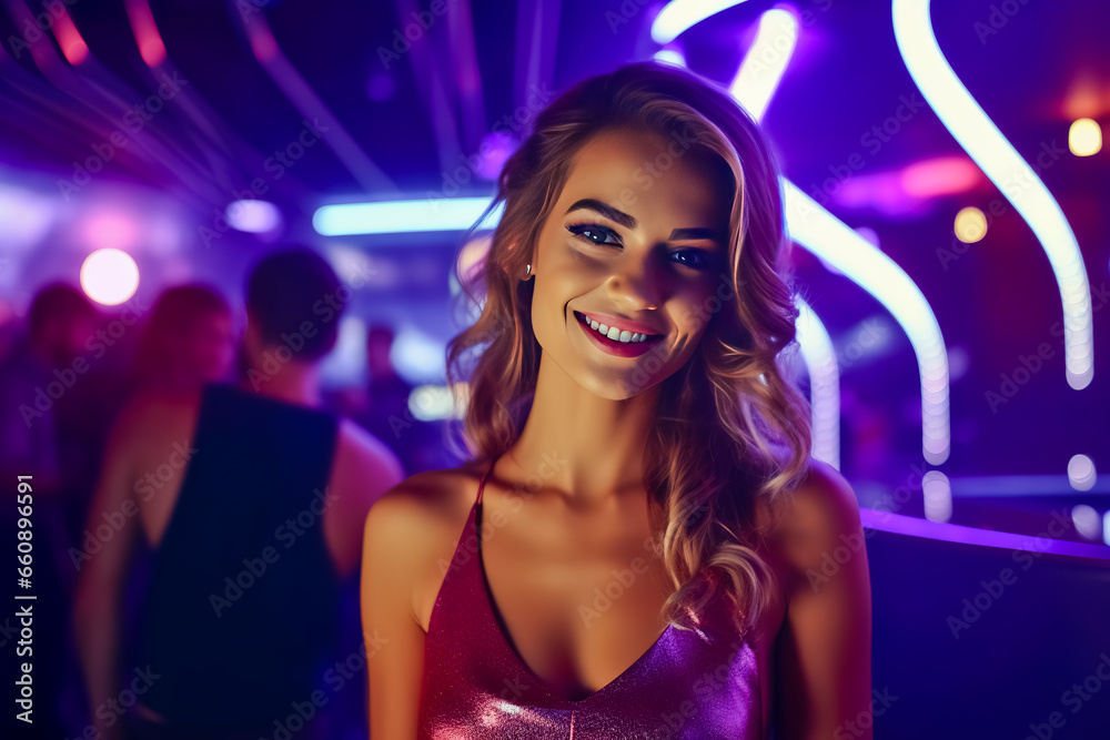 Young woman smiling in a bright nightclub.