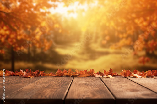 Wooden table and blurred Autumn background.