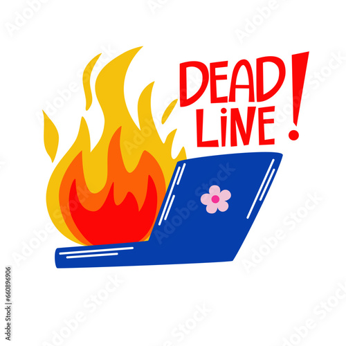 Burning computer, deadline. Cartoon sticker work on fire mode. The problem, hard work, close deadline. Vector hand draw illustration.