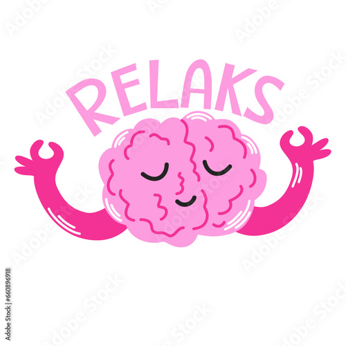 Happy healthy brain mind character meditation yoga relax. Health brain mental organ sit in lotus, keep calm. Cartoon sticker brain relax. Vector hand draw illustration.