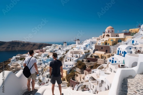Fototapeta Naklejka Na Ścianę i Meble -  Men friends greece city travel. Cute sea landscape with sunny day. Generate Ai