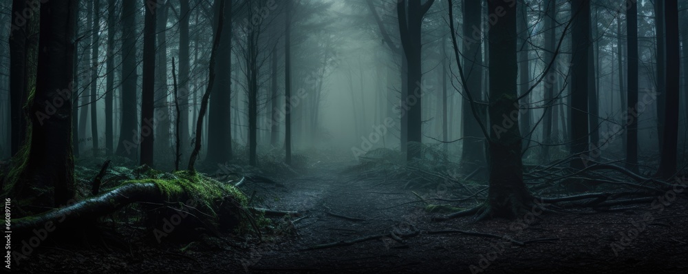 mystic dark forest in autumn panorama - obrazy, fototapety, plakaty 