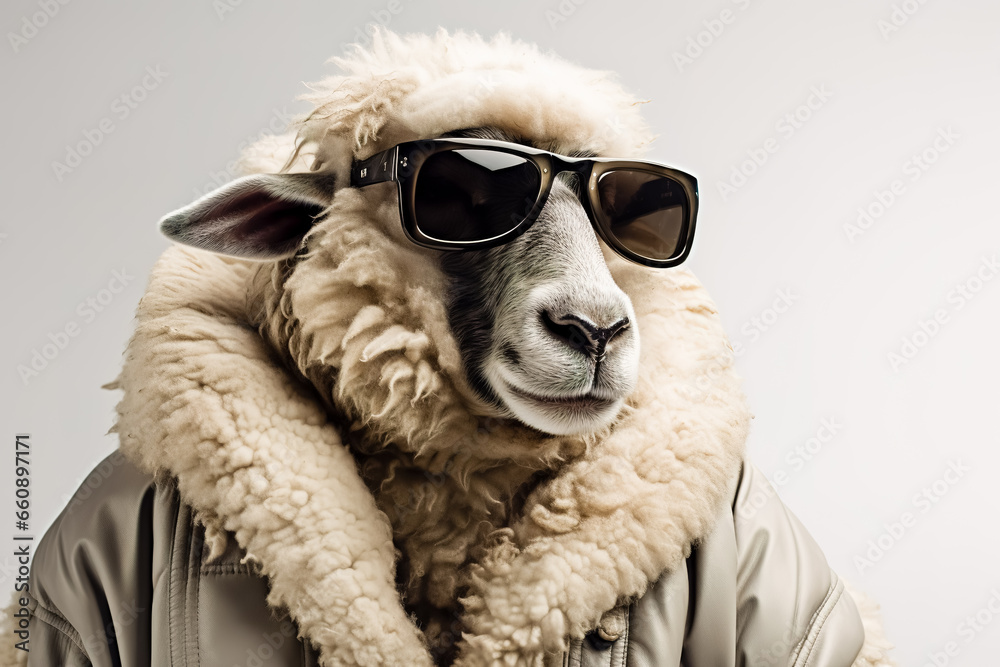 Sheep head wearing sunglasses on the human body of a man wearing winter clothes.