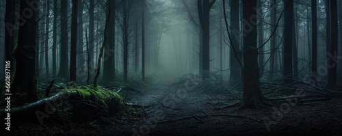 mystic dark forest in autumn panorama
