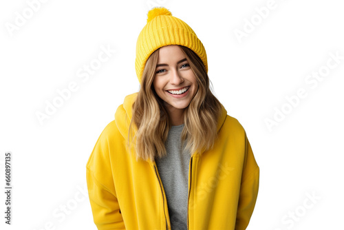 Woman in fashionable winter clothes with a wool hat is smiling happily on transparent background PNG