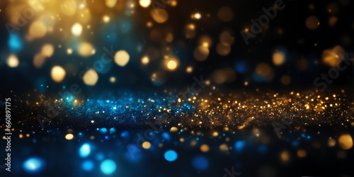 Gold sparkle particles abstract Background.Christmas Golden light shine particles bokeh on navy black background.