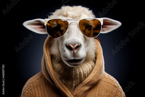 Sheep head wearing sunglasses on the human body of a man wearing winter clothes. © leo_nik