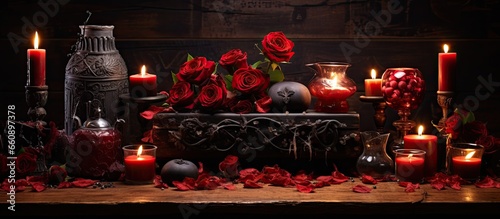 Valentine s day altar adorned with romantic elements With copyspace for text