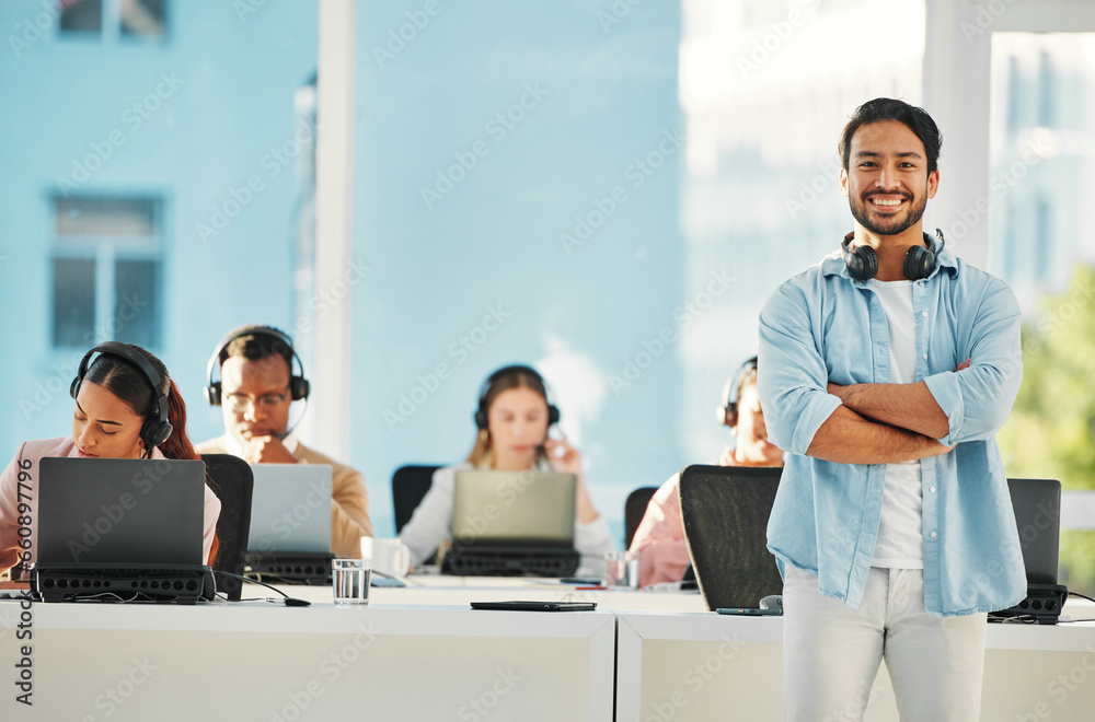 Happy asian man, portrait and call center professional in confidence, customer service or leadership at office. Male person, consultant or agent manager smile with arms crossed in contact us or help Happy asian man, portrait and call center professional in confidence, customer service or leadership at office. Male person, consultant or agent manager smile with arms crossed in contact us or help
