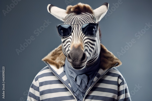 Zebra head wearing sunglasses on the human body of a man wearing winter clothes.