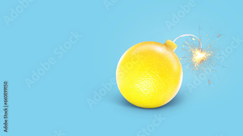 Creative juicy lemon bomb with wick and sparks on a blue background, creative. Vitamin and health, creative idea.
