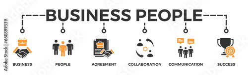 Business people banner web icon vector illustration concept with icon of business, people, agreement, collaboration, communication and success