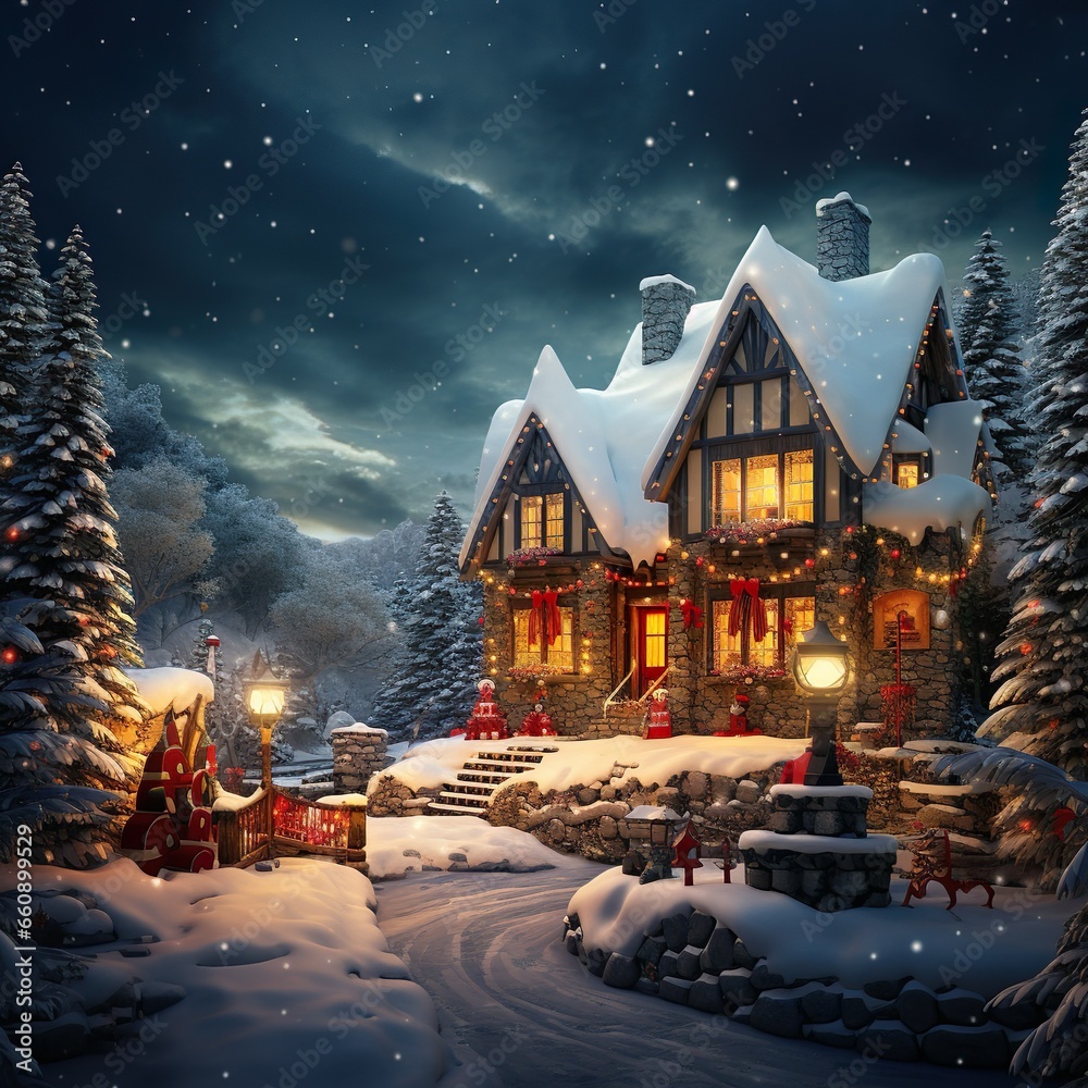 Fototapeta premium Weihnachtliche Gemütlichkeit: Festlich geschmückte Häuser im Schnee - Generative AI