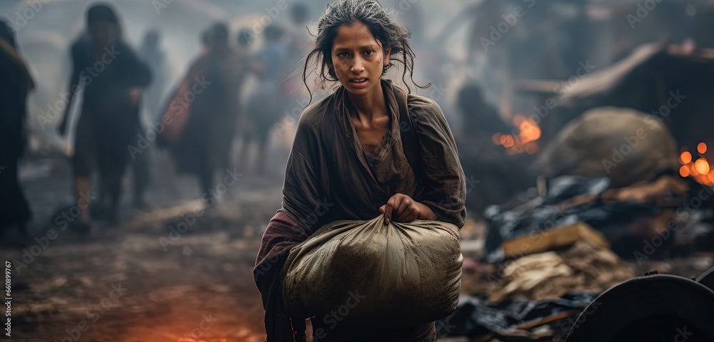 sad young girl at destruction hometown with flame and smoke from war, building ruin as background, Generative Ai