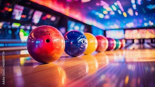 Fotografija Vibrant neon-lit bowling balls on a polished lane at a modern bowling alley