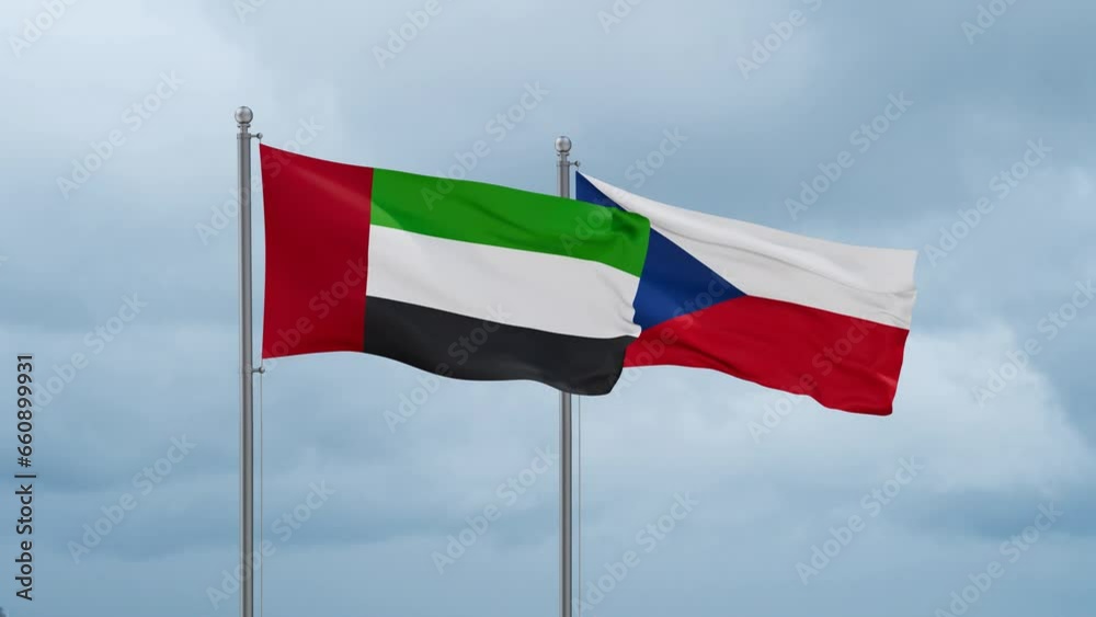 Czech Republic flag and United Arab Emirates UAE flag waving together on cloudy sky, endless seamless loop, two country relations concept Czech Republic flag and United Arab Emirates UAE flag waving together on cloudy sky, endless seamless loop, two country relations concept