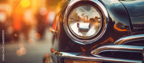 Vintage car with vintage filter effect on headlight lamp With copyspace for text