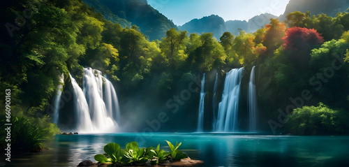 Amazing nature landscape featuring Waterfall located in Misty Forest. photo