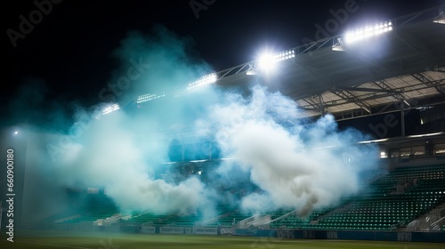 Stunning night view of a soccer stadium with lights and smoke © Ameer