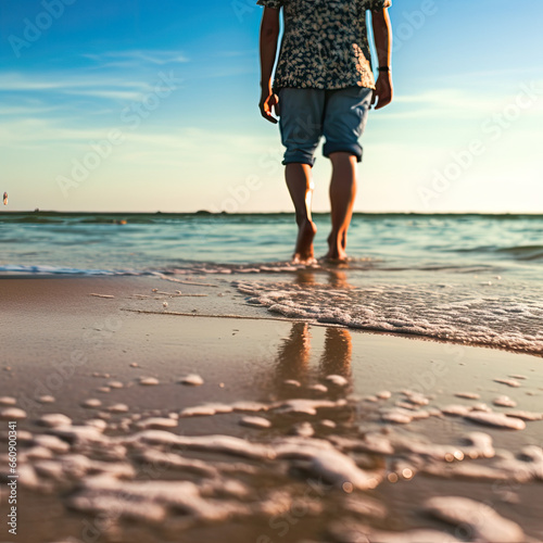 Photography created with AI. Image of a woman walking along the shore of the beach in a summer sunset. © expressiovisual