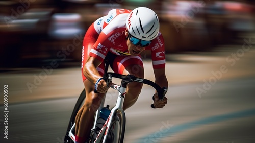 Cyclist in action: a dynamic shot of a professional racer breaking away from the pack on a rural road photo