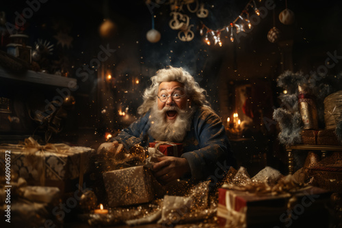 Wallpaper Mural Cheerful emotional Santa Claus with a gifts in hands in his workshop. Christmas fairytale Torontodigital.ca