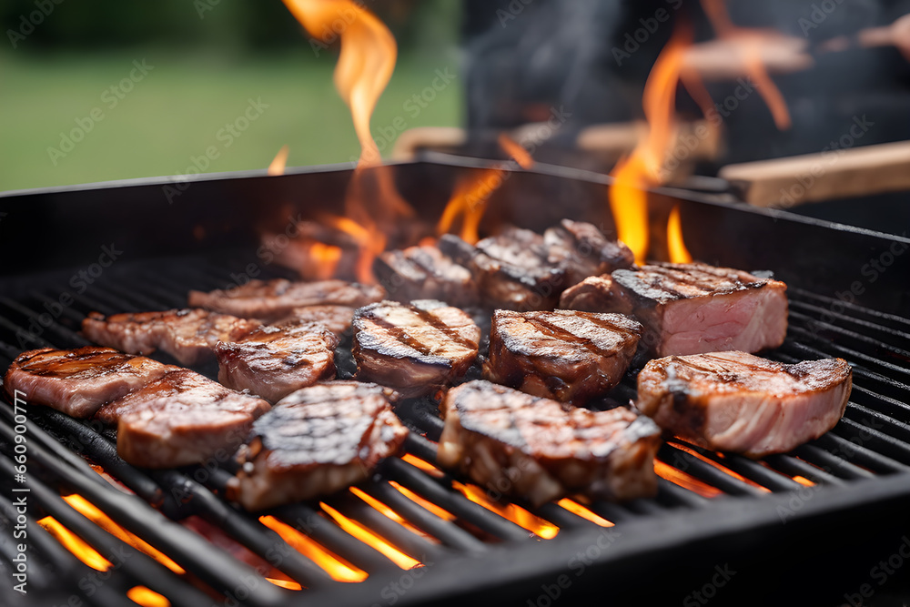 Close up view on a Barbeque grill with delicious grilled meat and vegetables Close up view on a Barbeque grill with delicious grilled meat and vegetables