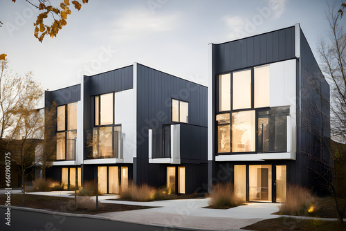 View on a modern modular private townhouses. Residential architecture exterior.