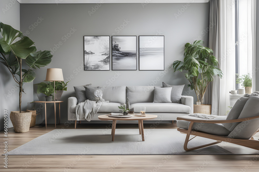 Cozy light living room interior with indoor plants, sofas and cushions, wooden coffee table and pictures on the wall Cozy light living room interior with indoor plants, sofas and cushions, wooden coffee table and pictures on the wall