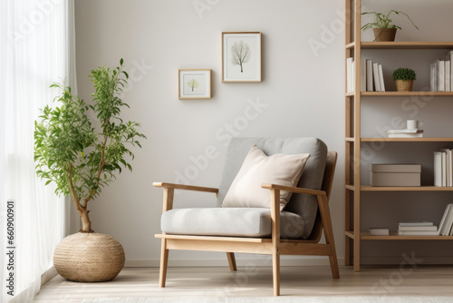 Interior of a Scandinavian style reading corner, comfortable armchair with cozy blanket, minimalist bookshelf, soft and muted color palette, natural daylight © Mikhail