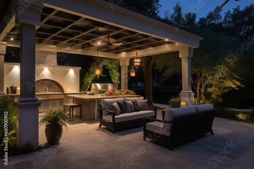 Elegant transitional outdoor living space with a seamless flow from indoors to outdoors  comfortable seating  lush greenery  and sophisticated outdoor lighting. Soft and ambient evening lighting