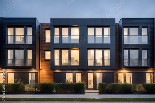 Exterior of a row of modern modular private townhouses, capturing clean lines and innovative design, contemporary urban living.