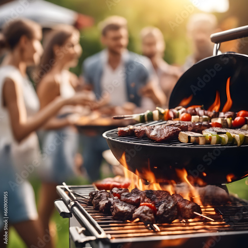 Barbeque grill with delicious grilled meat and vegetables on blurred party people background photo