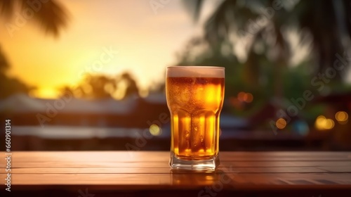 Beer on wooden counter bar with beach vibes background. 