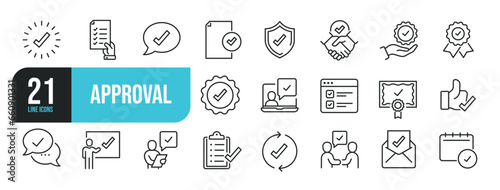 Set of line icons related to approve, deal, agreements, checkmark. Outline icons collection. Editable stroke. Vector illustration.