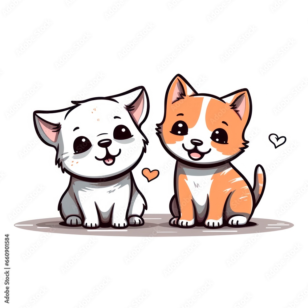 Cat and dog cute kawaii style design for t-shirt isolated on white background