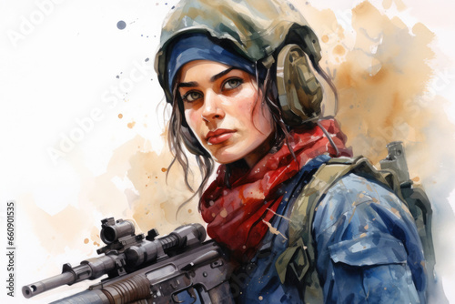 Watercolor illustration of Israeli patriot girl in military uniform with a weapon