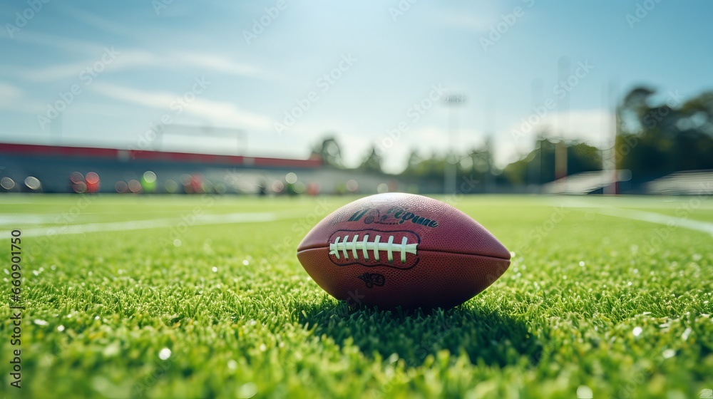 American football game on green grass field with stadium lights in the background American football game on green grass field with stadium lights in the background
